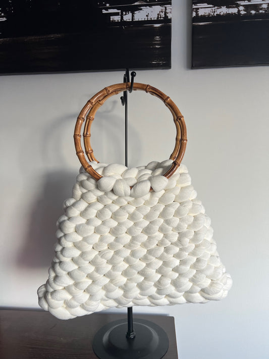 Large Velvet Ivory Bag W/ Bamboo Handle